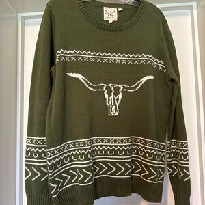 Cotton Rye Olive Sweater with Bull Skull Design